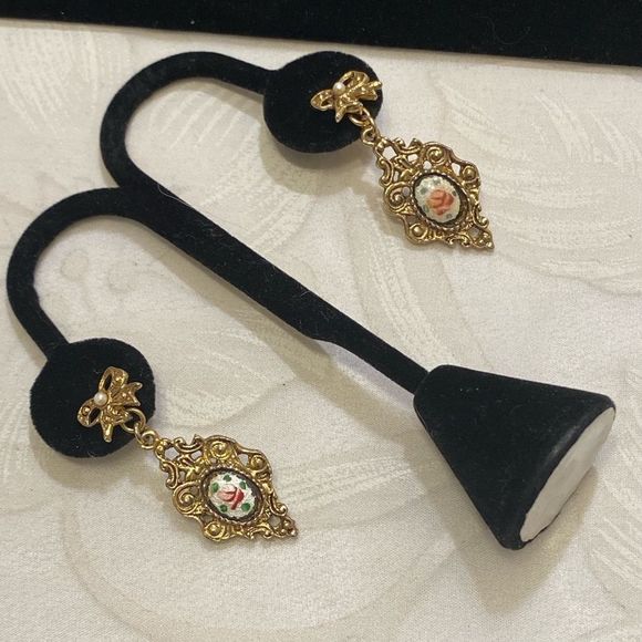 Vintage Gold Guilloché Enamel And Pearl Earrings - Picture 2 of 9
